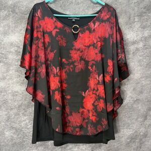 Corvia Black Red Floral Flutter Sleeve Top Womens Plus Size 3X Dark Romantic